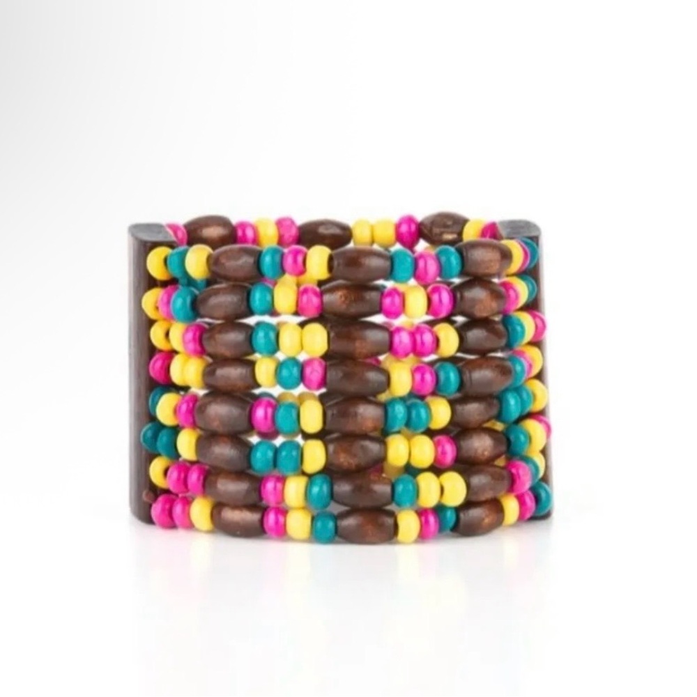 Colorful Beaded Stretch Cuff Bracelet - Pink Teal Yellow Brown